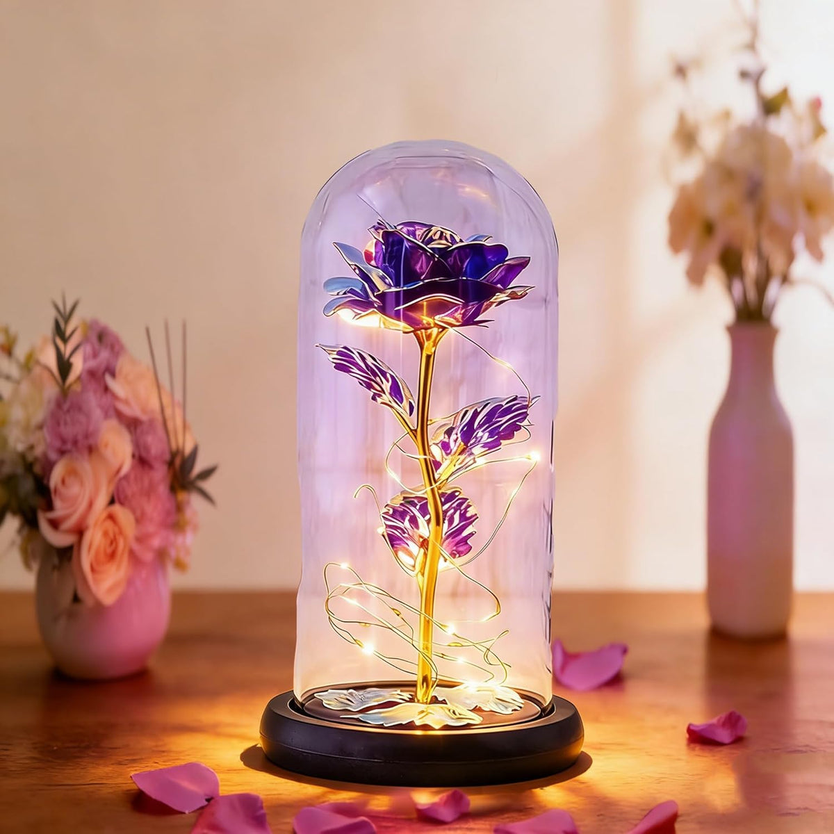 Rose Artificial Flowers Led Glass Decorative Light For Girls Women Mom Purple Led Flower For Birthday Holiday Gift Mom Grandma, Eternal Rose Gift For Her Valentine Mothers Anniversary