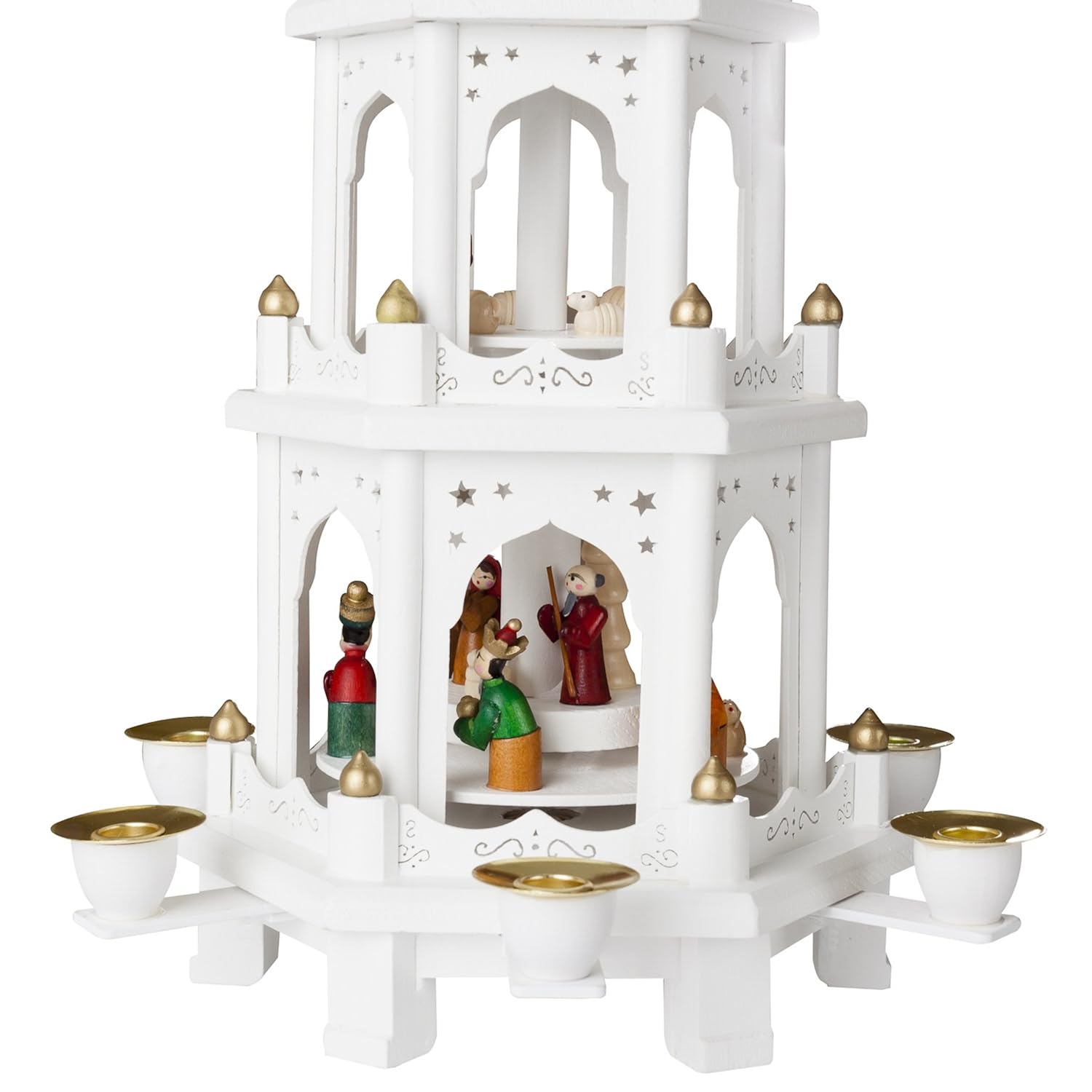 Christmas Pyramid - 18 Inches - White - Wooden Nativity Play - 3 Tier Carousel With 6 Candle Holders - Designed In Germany
