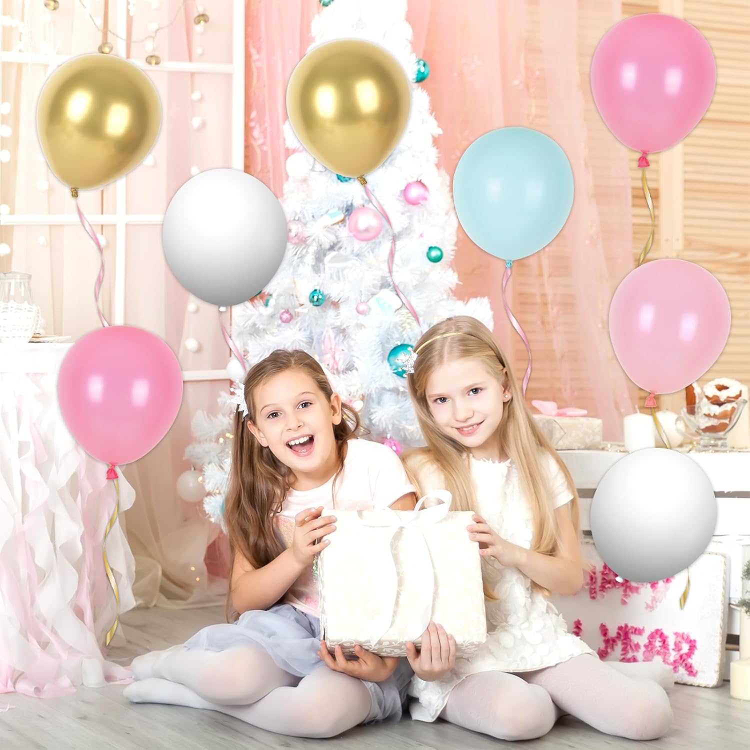100Pcs Christmas Balloons With Ribbons 12 Inch Pink Gold Teal Rubber Balloons For Winter Xmas Wedding Birthday Baby Shower Party Supplies