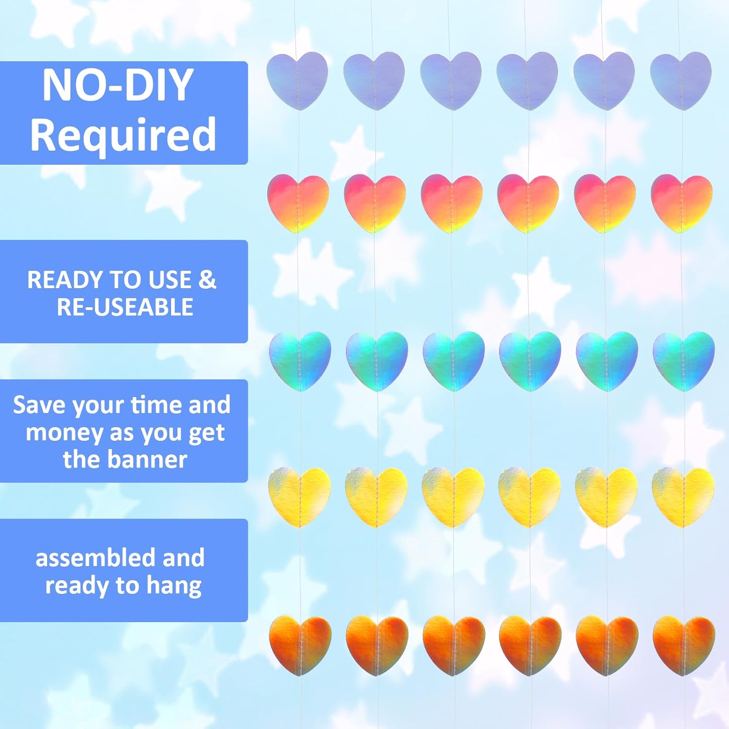 6.5Ft Heart Garland, Holographic Heart Streamers Christmas Paper Garland For Valentines Day Birthday Wedding Engagement Bridal Shower Bachelorette Winter Iridescent Party Decorations
