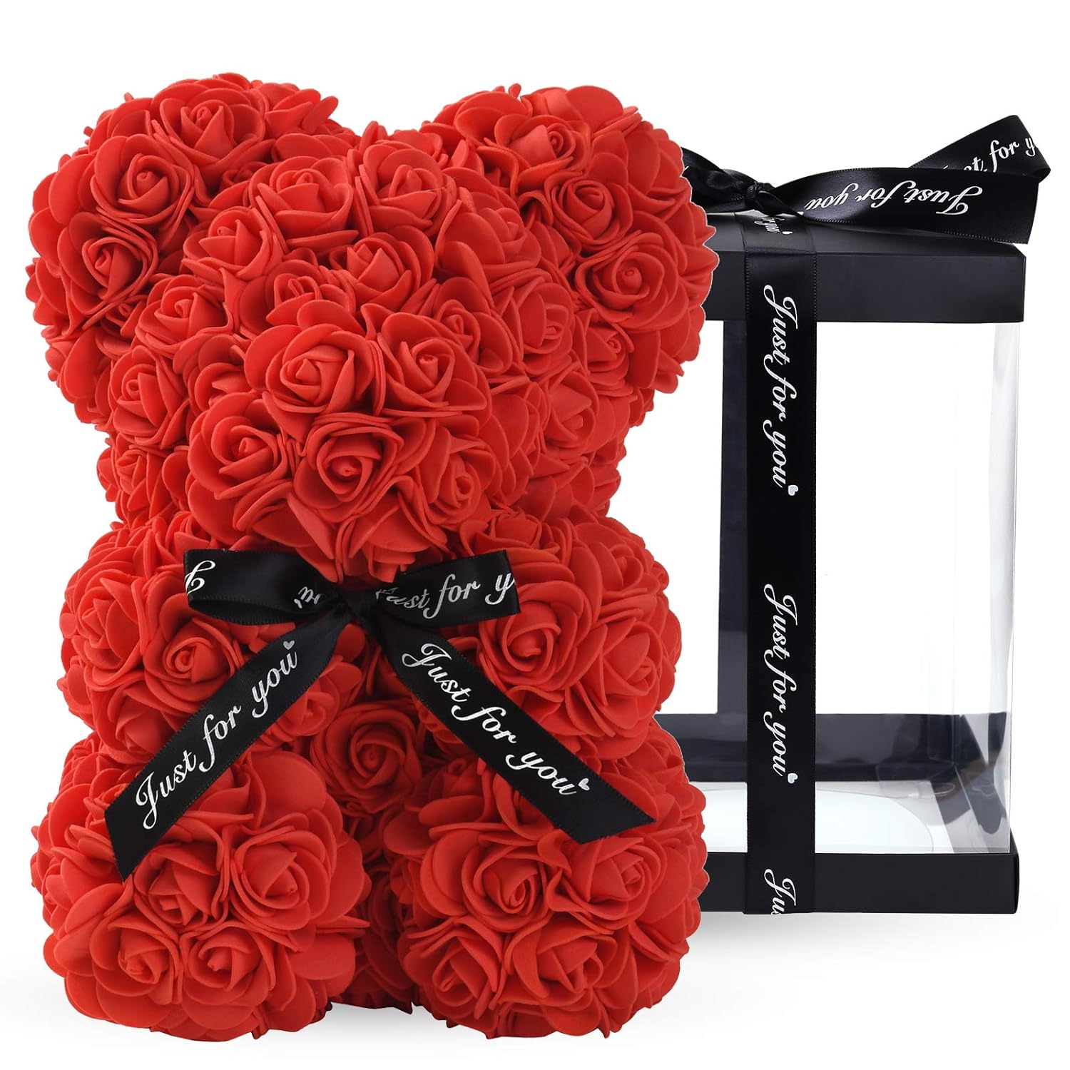 Linklo Rose Bear Rose Teddy Bear -10 Inch Artificial Rose Flower Bear, Gift For Wedding, Mothers Day And Anniversary, Including Transparent Gift Box(Red)