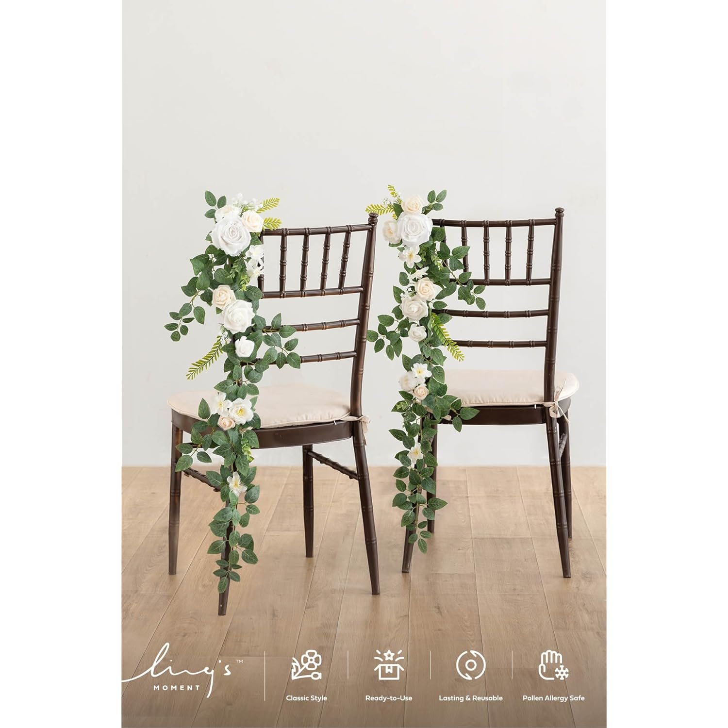 10Pcs Wedding Chair Decorations Aisle Floral Swag Artificial Pew Flowers Hanging Garland White & Sage Green For Ceremony Reception Church Rose Floral Faux Arrangement Party Outdoor Decor