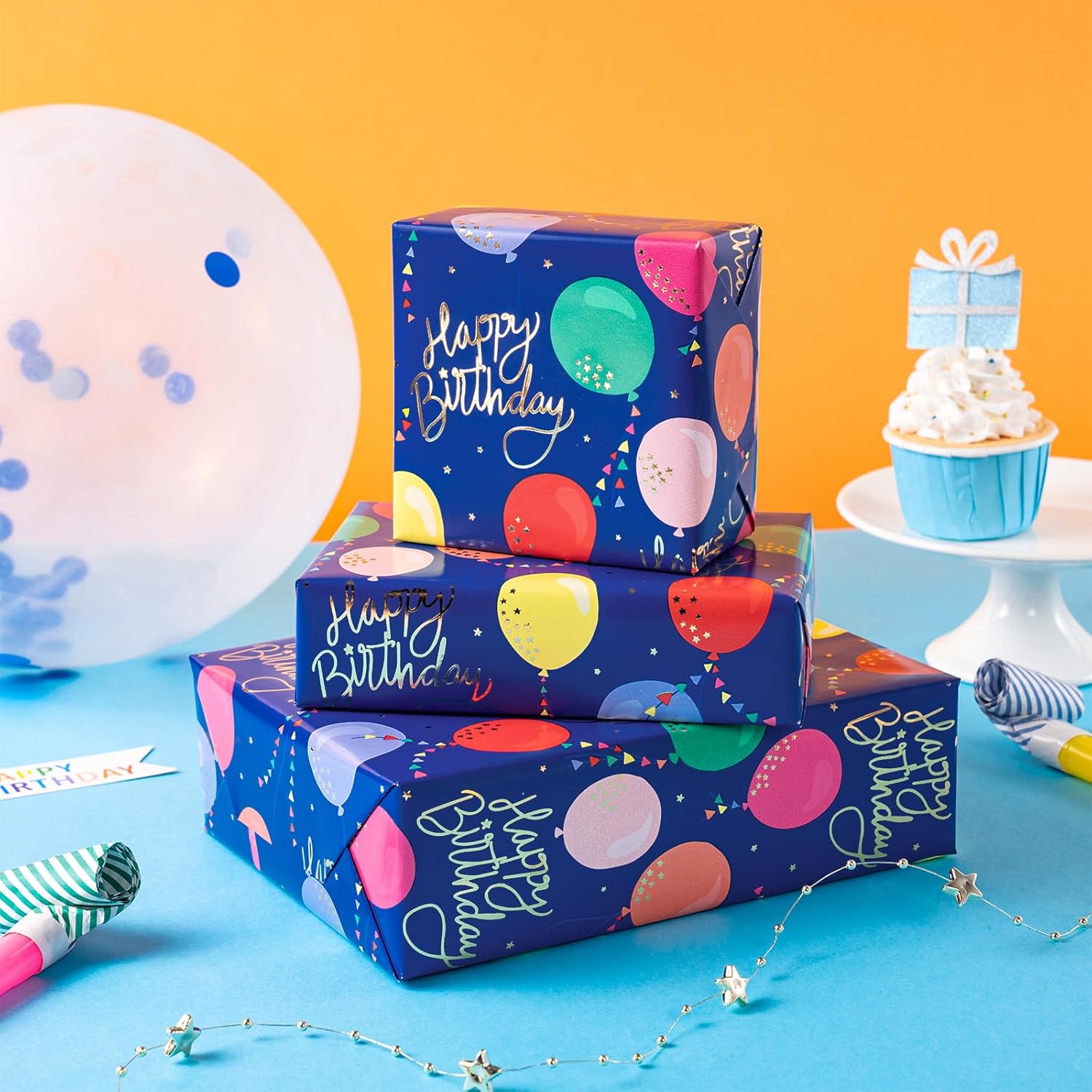 Birthday Wrapping Paper Roll, Mini Roll, Colorful Balloon With Gold Foil Happy Birthday Text Design Gift Wrap Paper For Boys Girls, Baby Shower, Party And More, 17 Inches X 9.8 Feet