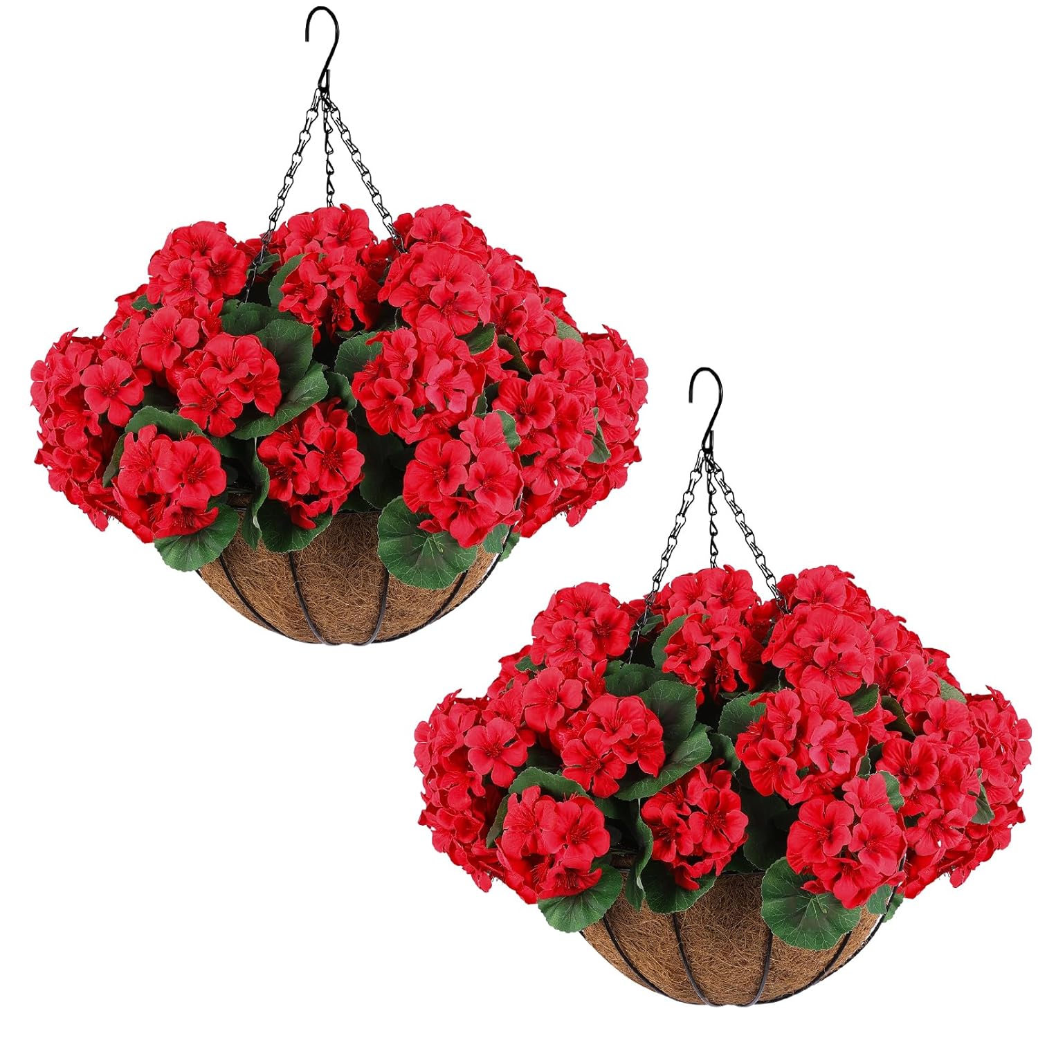 2 Set Artificial Red Geraniums Flowers For Outdoors With Hanging Baskets, 2 Hanging Planters With 12 Pcs Red Geranium Flowers For Christmas Front Porch Garden Patio Home Decor (2, Red)