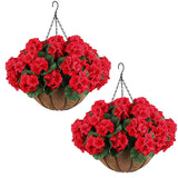 2 Set Artificial Red Geraniums Flowers For Outdoors With Hanging Baskets, 2 Hanging Planters With 12 Pcs Red Geranium Flowers For Christmas Front Porch Garden Patio Home Decor (2, Red)