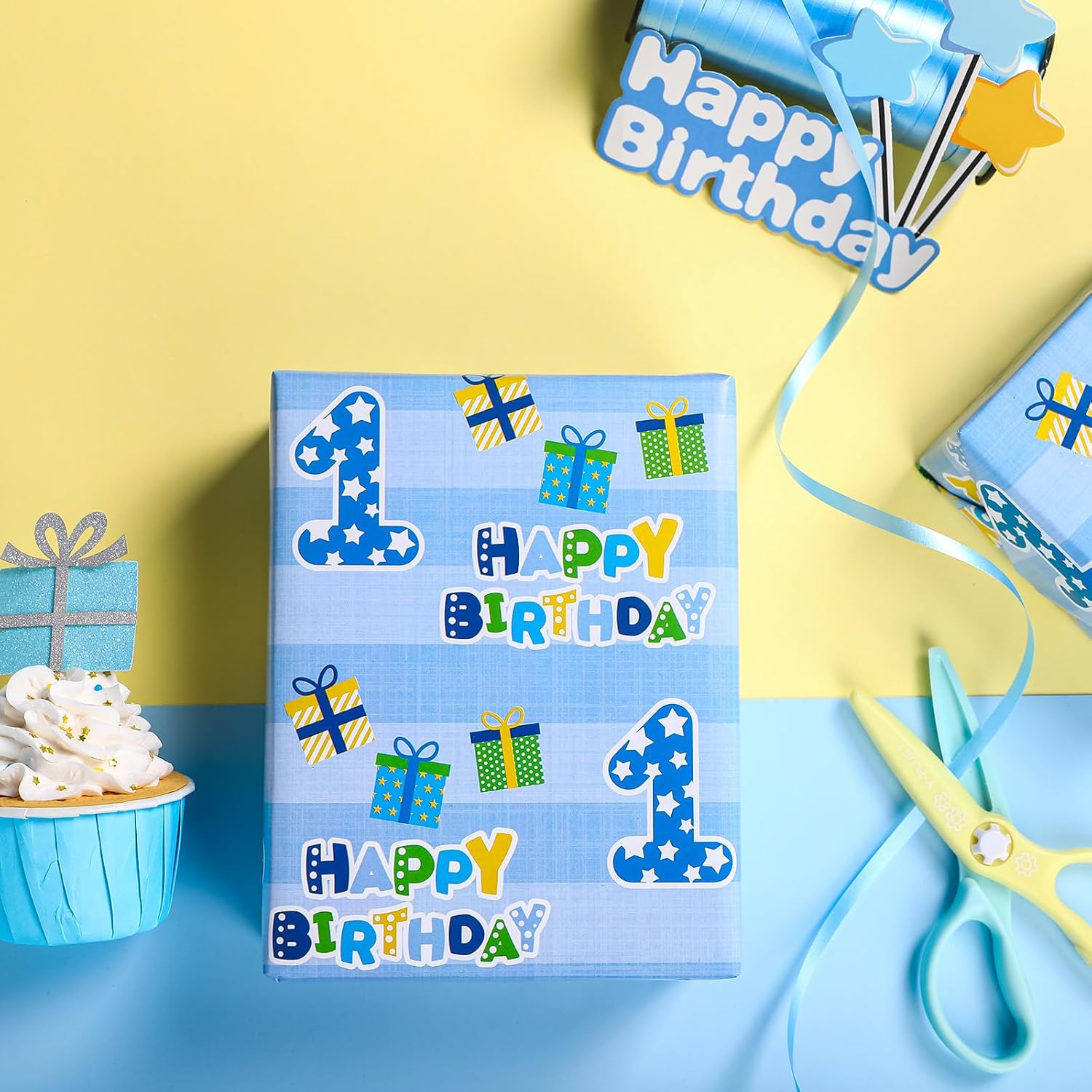 1St Birthday Wrapping Paper - Mini Roll - 17 Inch X 33 Feet - Blue Happy Birthday With Gift Box Design For Boys Kids, Baby Shower, Party, Holiday