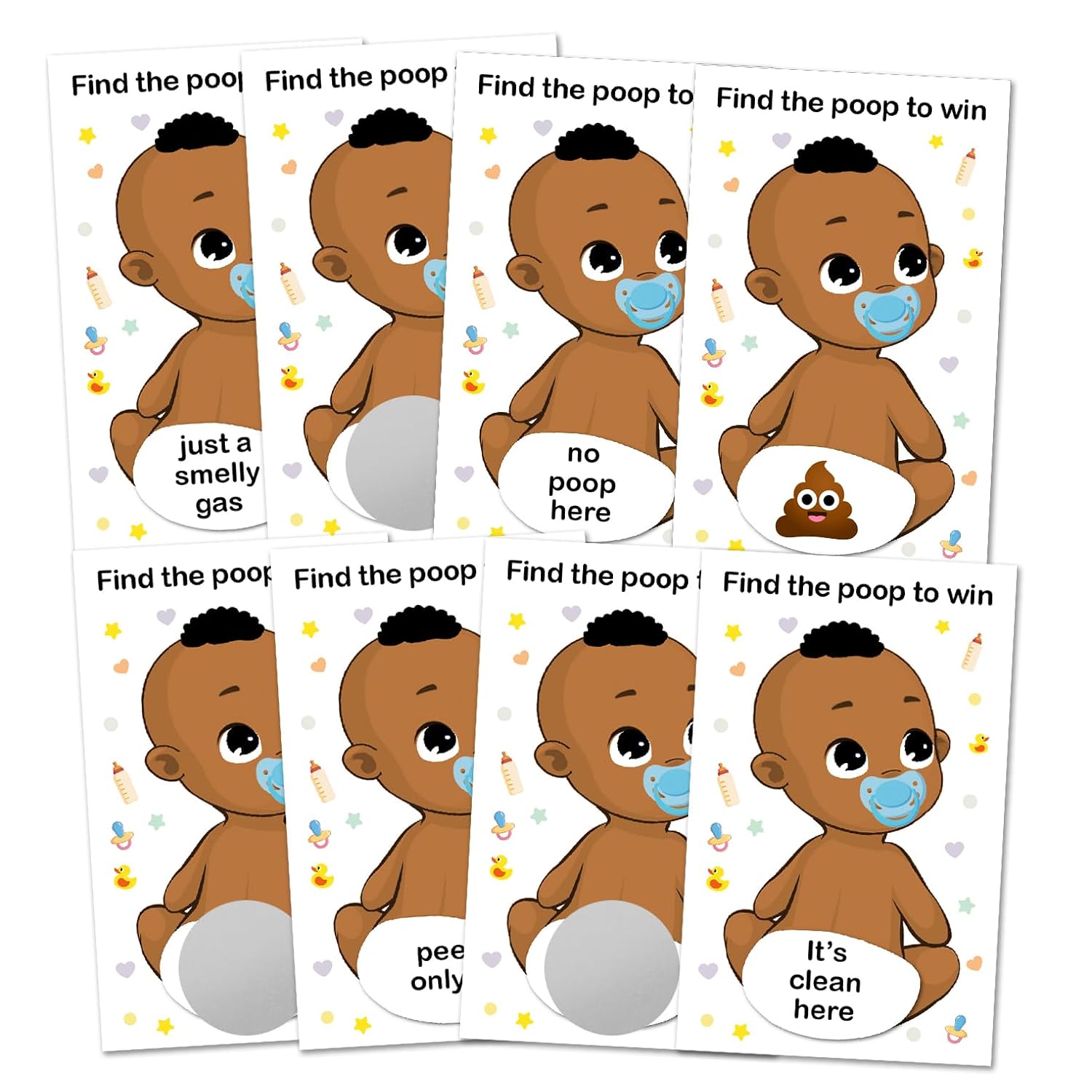 Baby Shower Boy Scratch Off Poop Game, Easy To Play Silly Games, Funny Idea, Ice Breaker Activity. Raffle Cards, Blue Pacifier, African American, Set Of 40 Cards Made In Usa
