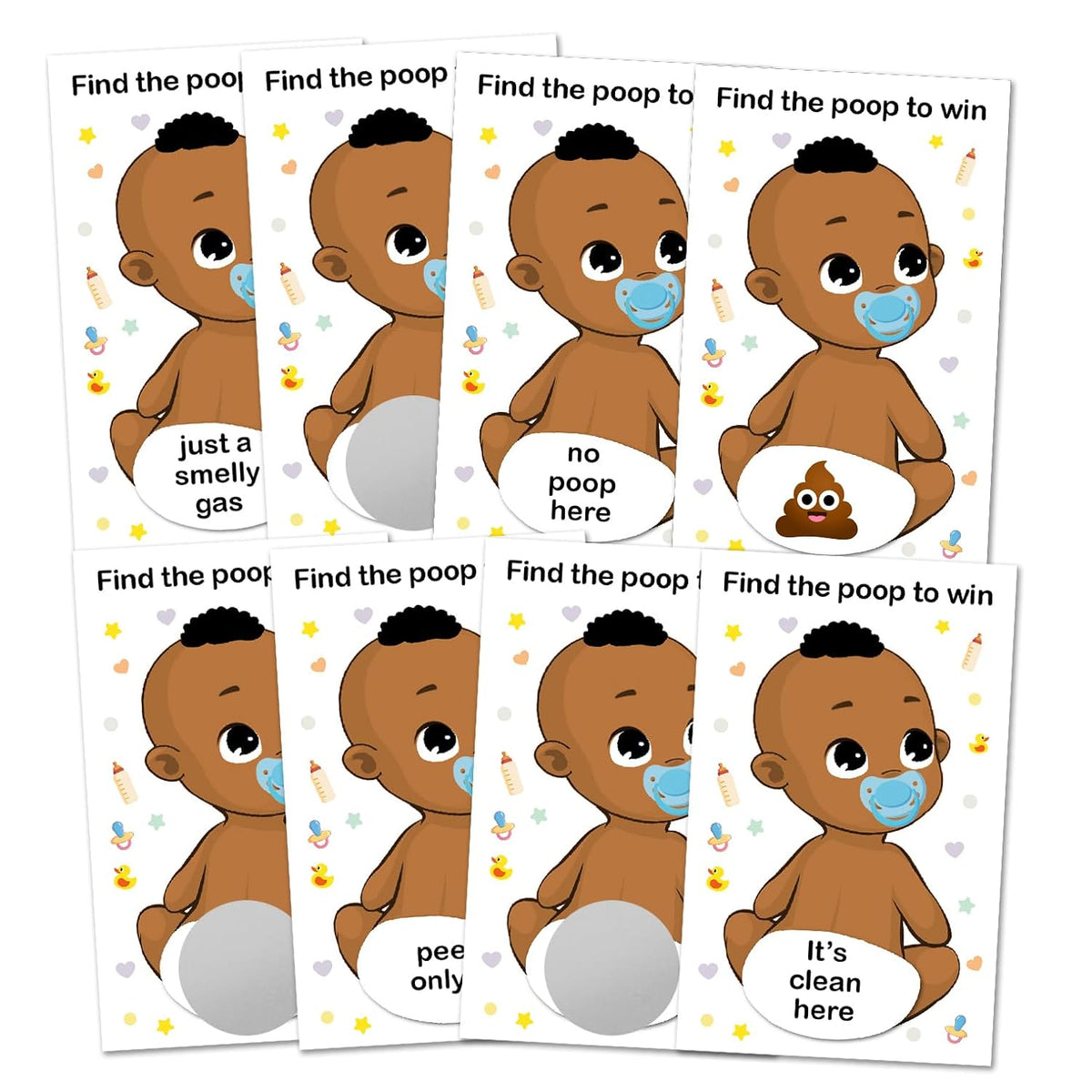 Baby Shower Boy Scratch Off Poop Game, Easy To Play Silly Games, Funny Idea, Ice Breaker Activity. Raffle Cards, Blue Pacifier, African American, Set Of 40 Cards Made In Usa