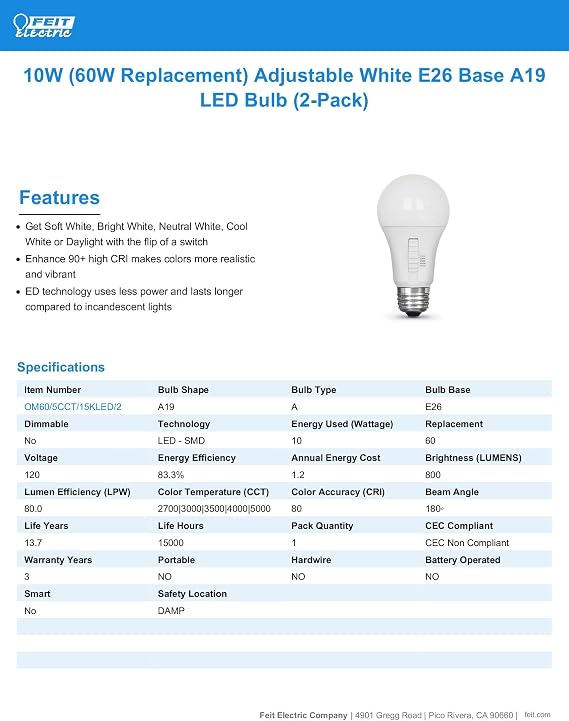 Electric A19 LED Light Bulb 60W Equivalent 5CCT Selectable 2 Pack