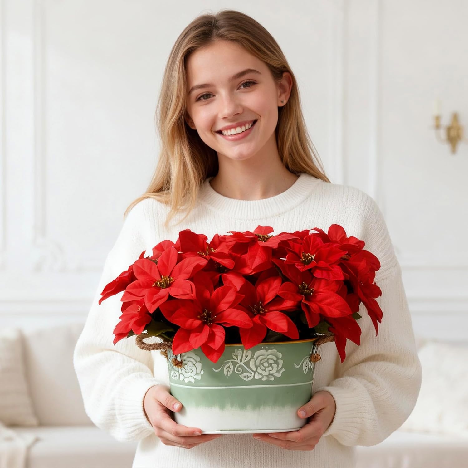Artificial Poinsettia Christmas Centerpiece, Red Faux Flowers Arrangement In Green Metal Planter With Floral Patterns & Jute Rope Handles, Tabletop Xmas Decoration For Home Décor Gifts