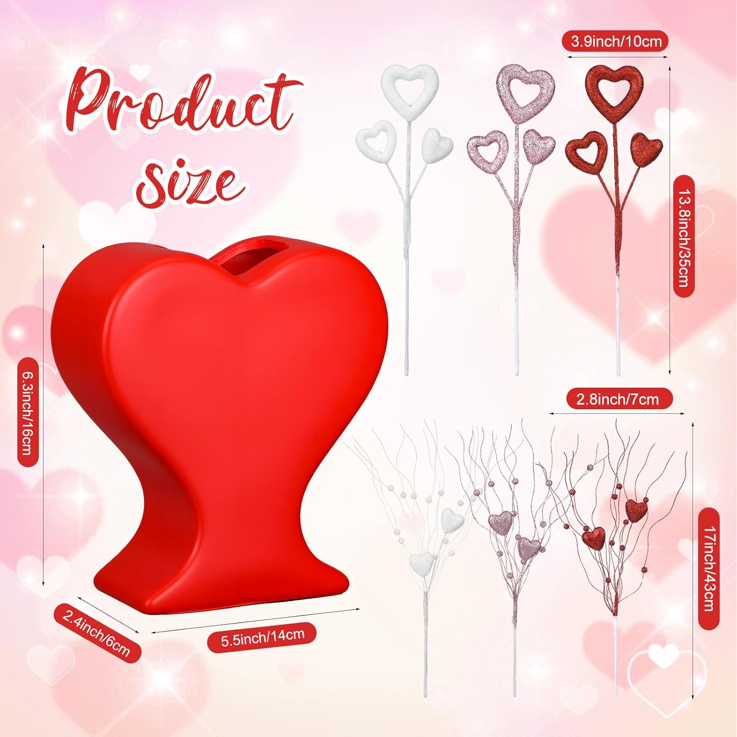 6 Pcs Valentine'S Day Heart Shaped Glitter Picks And Heart Vase Decoration Table Centerpiece Romantic Red Pink Stem Picks With Flower Vase For Valentines Day Wedding Anniversary Party Decor