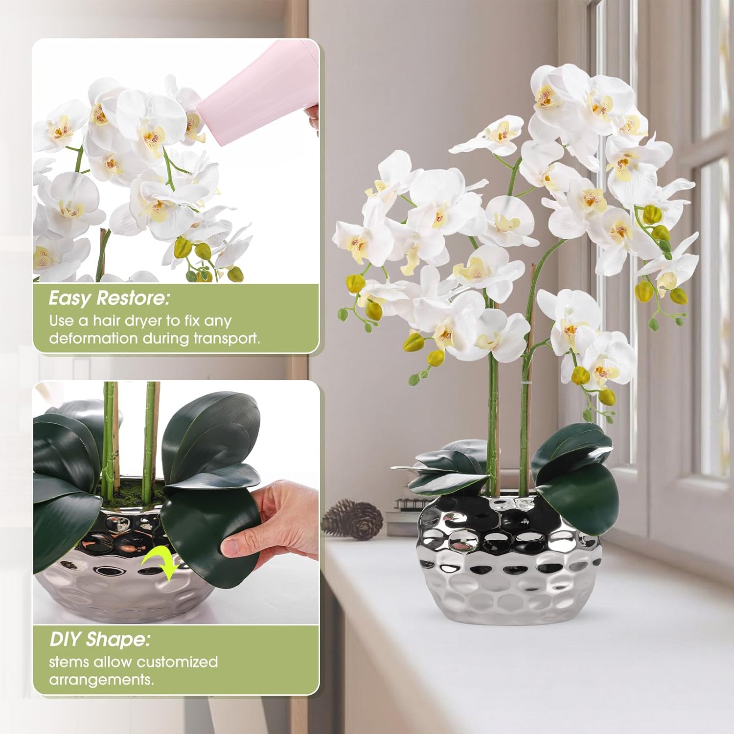 2 Pack Orchids Artificial Flowers 24" White Faux Phalaenopsis With Ceramic Pot, Real Touch Faux Silk Orchid Plant For Table Centerpieces Home Office Living Room Weeding Decoration
