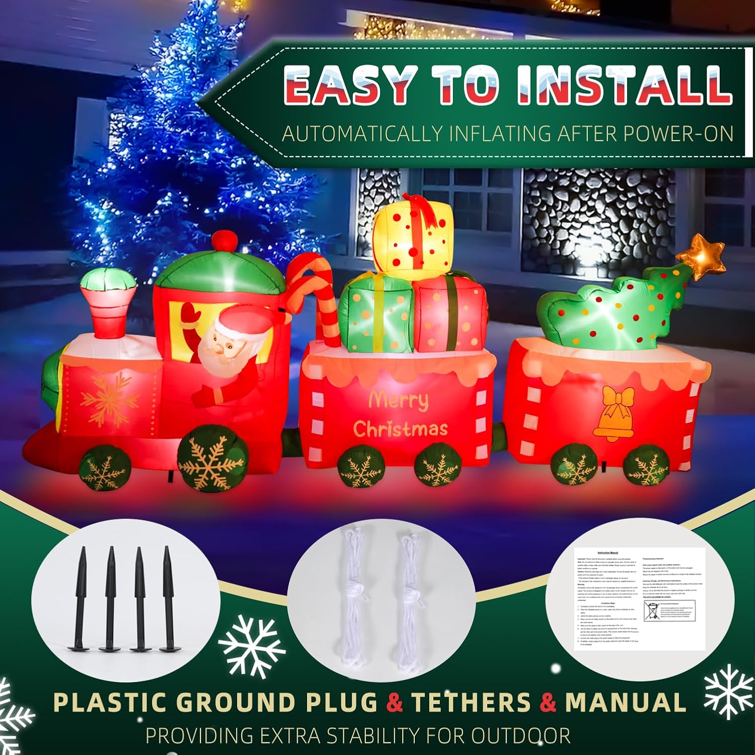 10 Ft Christmas Inflatables Train With Santa Claus Christmas Trees Built-In Led Lights Blow Up Christmas Decor For Chris