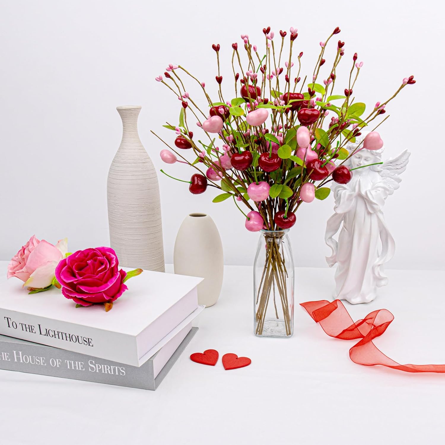 12 Pcs Valentine Table Centerpieces 17 Inches Valentines Picks Valentines Day Floral Stems Romantic Heart Flower Picks With Cherry For Gift Vase Table Centerpiece Wedding Indoor Decor