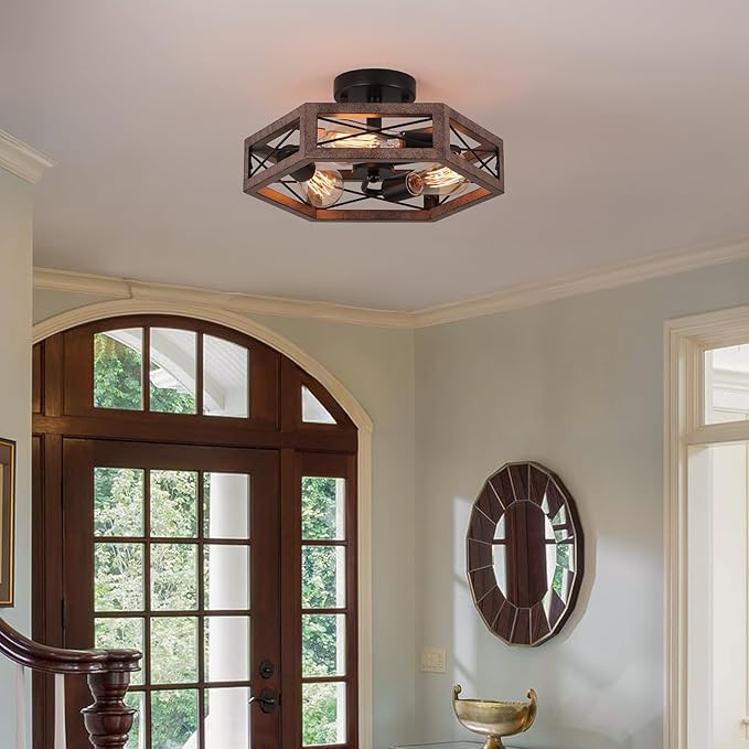14.5 Inch Rustic Farmhouse Ceiling Light Antique Oak Hexagon Cage 3 Light Fixture