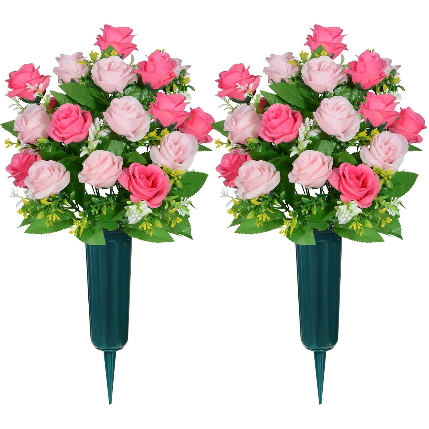 Artificial Cemetery Flowers With Vase, Headstone Flowers Rose Bouquet, Graveyard Memorial Flowers For Grave Arrangements Set Of 2 (Pink)