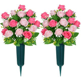 Artificial Cemetery Flowers With Vase, Headstone Flowers Rose Bouquet, Graveyard Memorial Flowers For Grave Arrangements Set Of 2 (Pink)