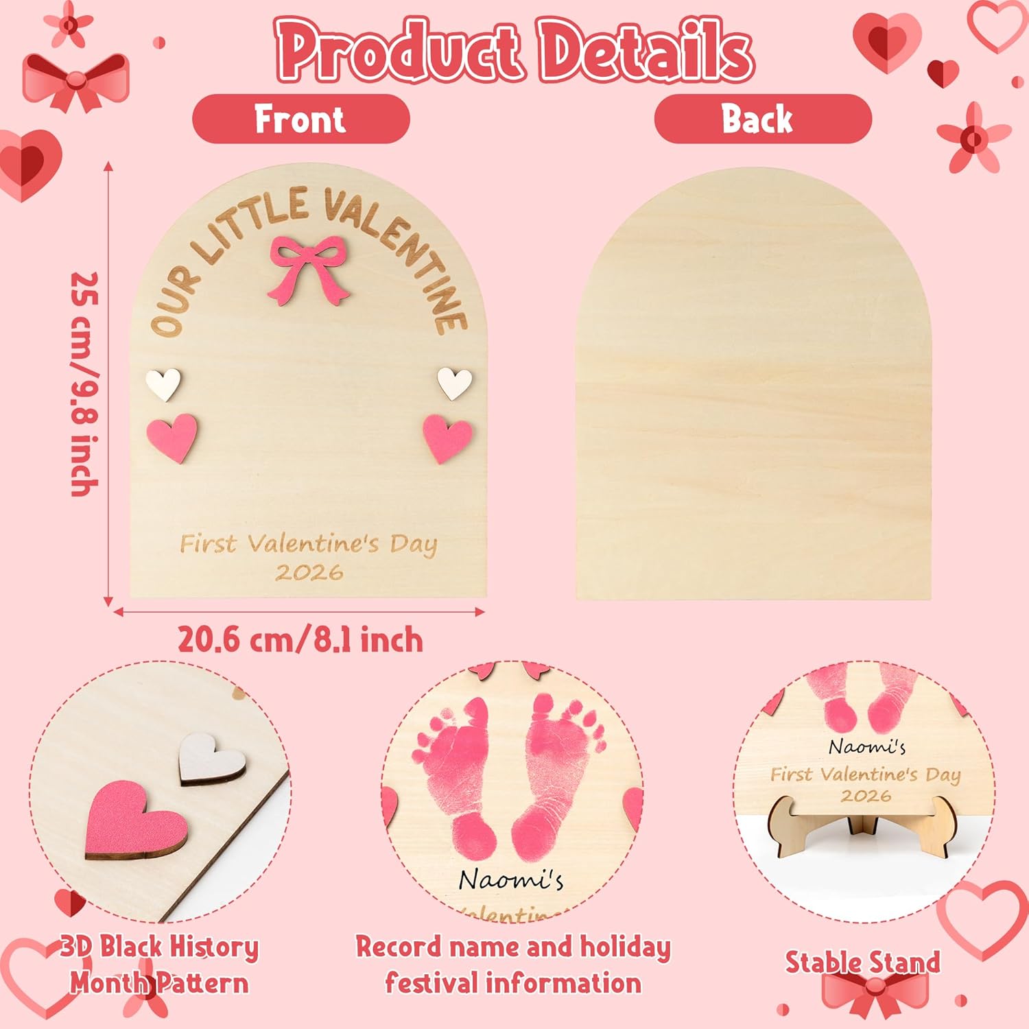 3D Baby'S First Valentine Footprint Or Handprint Art Sign Craft, Our Little Valentine Pink Bow Diy Wooden Hanging Decoration, Newborn Keepsake Gift For Valentine'S Day Photo Prop Nursery Decor