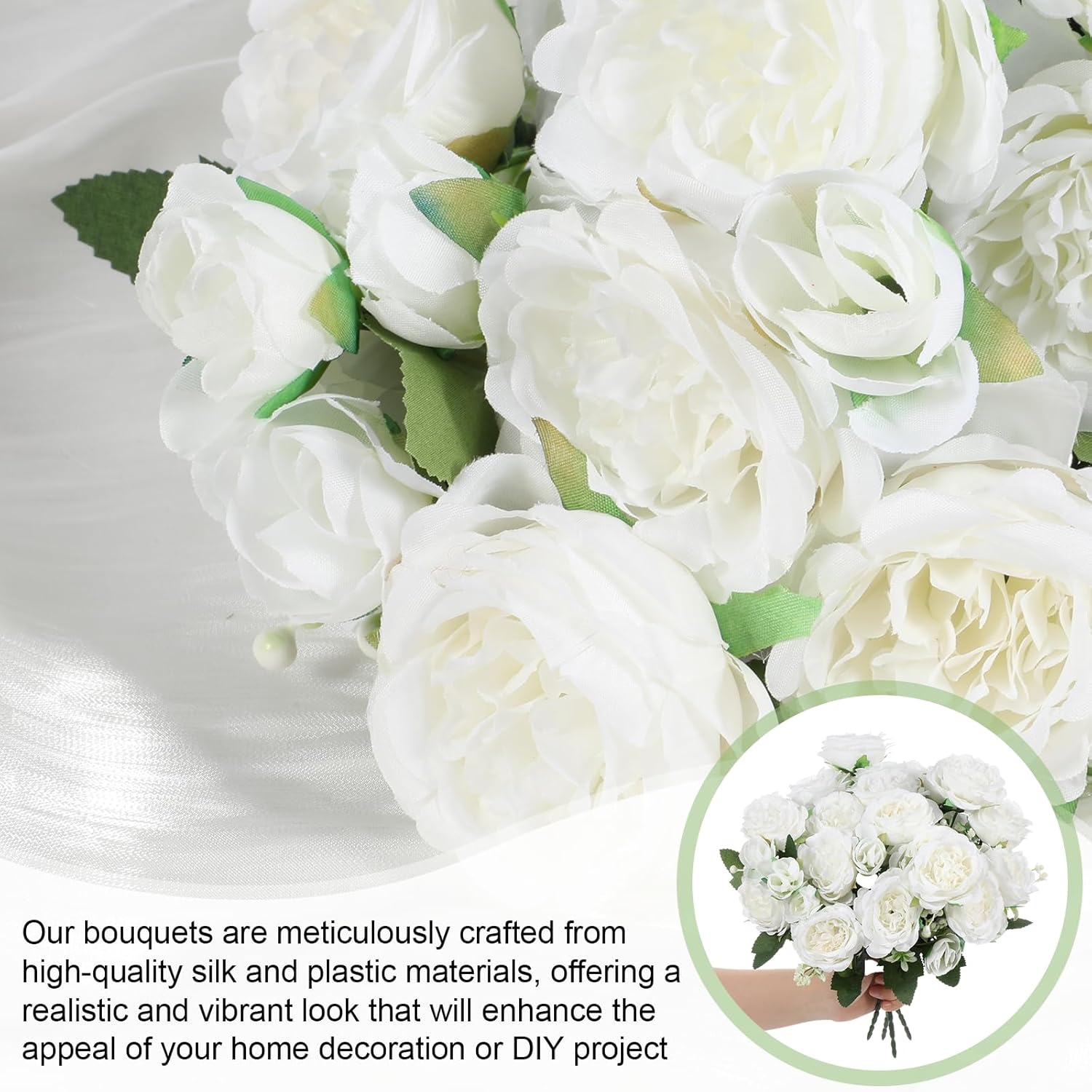 8 Bundles White Peonies Artificial Flowers, White Fake Peonies Silk Flowers With Stems Bulk Bouquet Reusable Realistic For Vase Floral Arrangements Wedding Table Decoration
