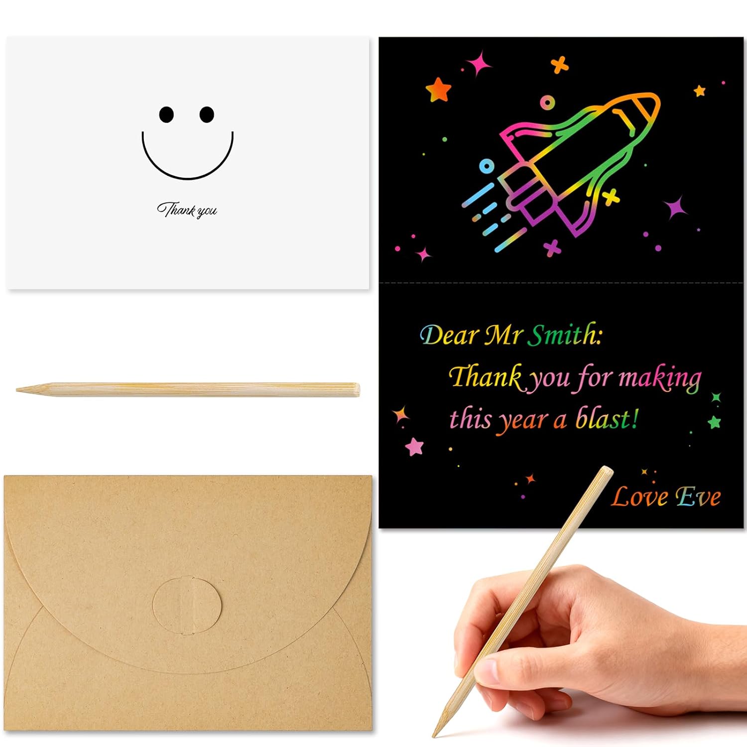 26-Pack Magic Scratch Thank You Cards Bulk Set With 26 Envelopes, 12 Wooden Pens & 26 Smile Cards - 5.3X3.7 Inch Envelopes, 5X7 Inch Foldable Cards | Perfect For Birthdays, Weddings, Business,Baby Showers & More