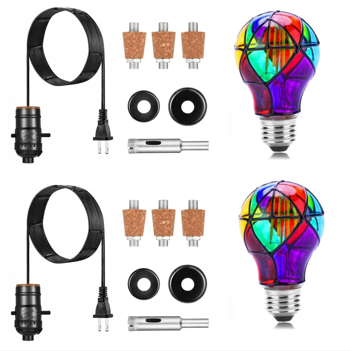 2 Set Diy Wine Bottle Lamp Kit With E26 Led Light Bulbs For Liquor Bottle, With Glass Drill Bit And Lid Black Cord Lamp Socket, 3 Size Tapper Cork (W/ 2 Stained Glass Light Bulbs)