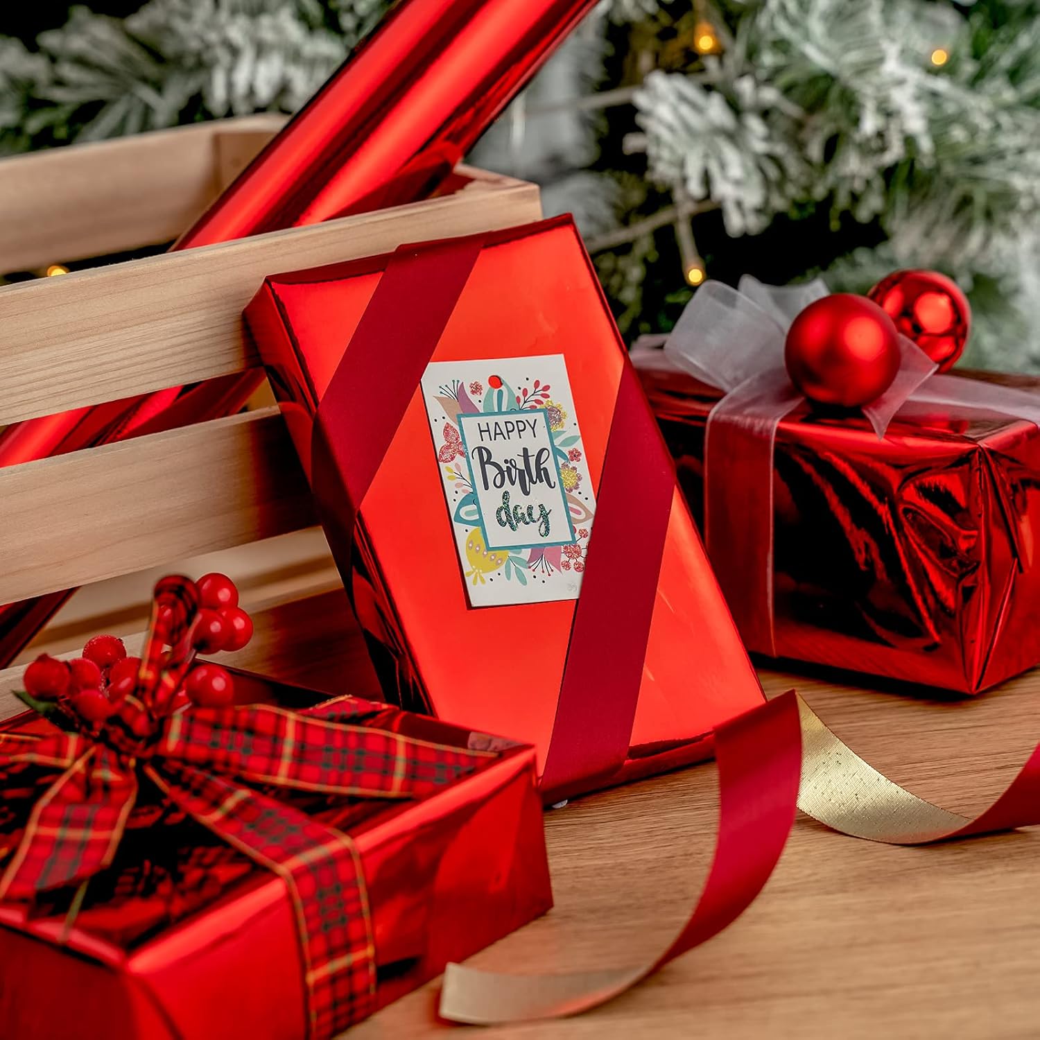 Red Metallic Wrapping Paper - Christmas Wrapping Paper Perfect For Wedding, Birthday, Christmas, Baby Shower - 17 Inches X 32.8 Feet