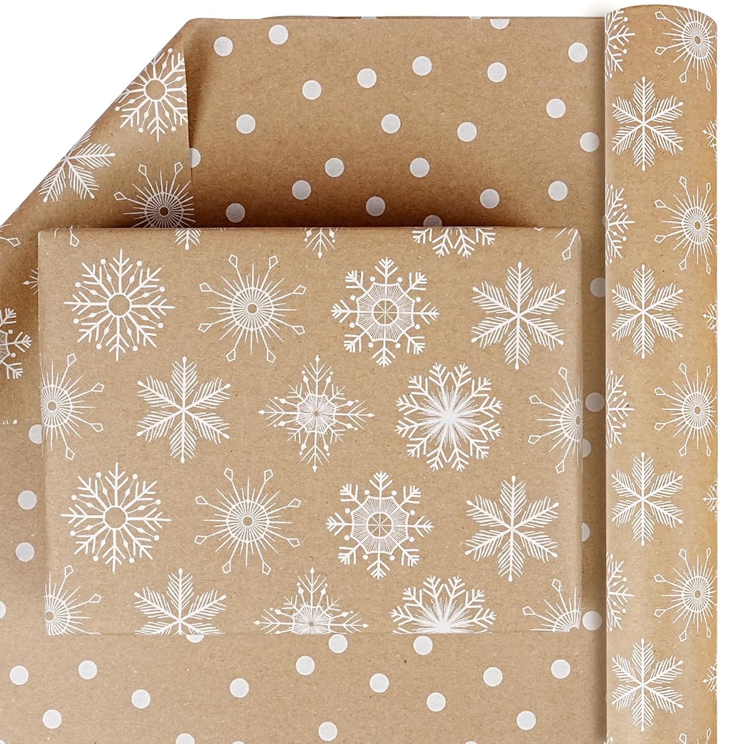 Reversible Christmas Wrapping Paper Roll, Vintage Brown Kraft Gift Wrapping Paper, White Snowflakes Polka Dots Gift Wrap Paper For Christmas Birthday Party Wedding Winter Holiday, 17Inch ×33Feet