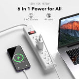 Surge Protector Power Strip 6 Outlets 600J 4FT Flat Plug Extension Cord White