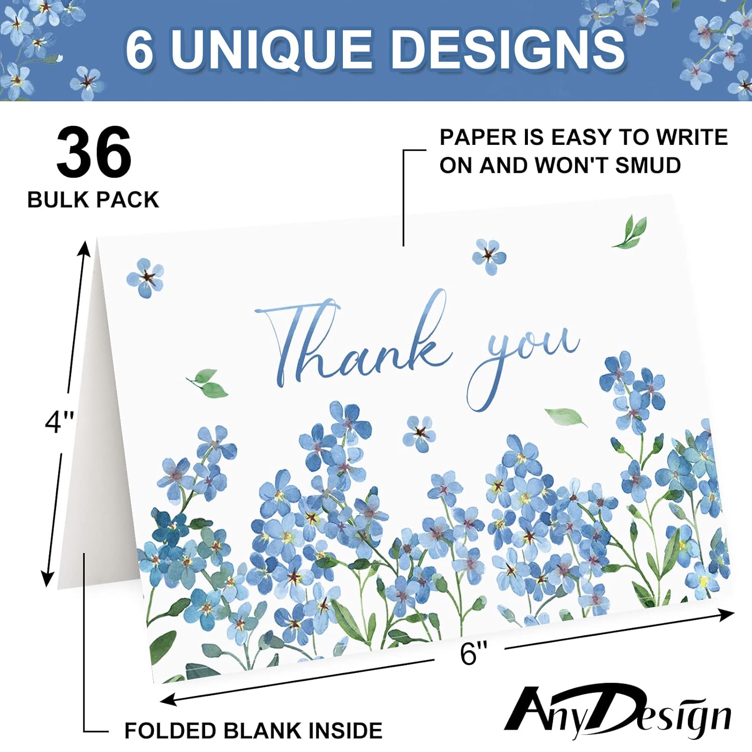 36 Pack Blue Floral Thank You Cards Bulk Forget-Me-Not Myosotis Sylvatica Flower Greeting Cards With Envelope Sticker Thank You Note Cards For Wedding Birthday Baby Shower Bridal Party