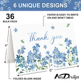 36 Pack Blue Floral Thank You Cards Bulk Forget-Me-Not Myosotis Sylvatica Flower Greeting Cards With Envelope Sticker Thank You Note Cards For Wedding Birthday Baby Shower Bridal Party