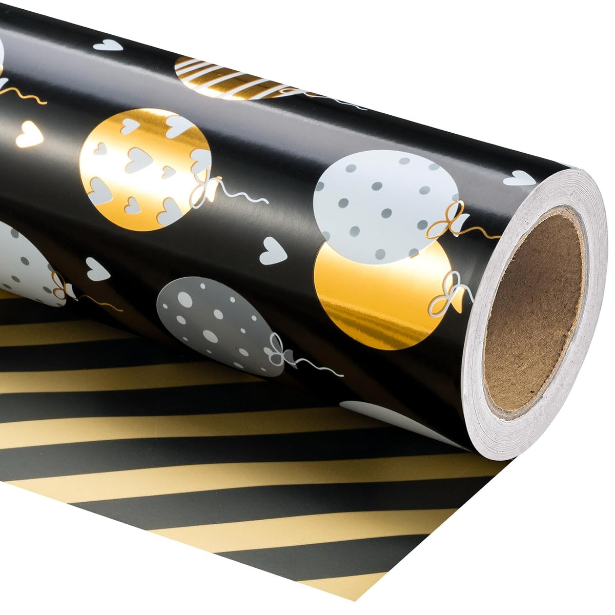 Reversible Birthday Wrapping Paper Roll - Mini Roll - 17 Inch X 10 Feet - Black Gold Balloon Happy Birthday Wrapping Paper Perfect For Adults, Kids, Girls, Boys, Baby Shower
