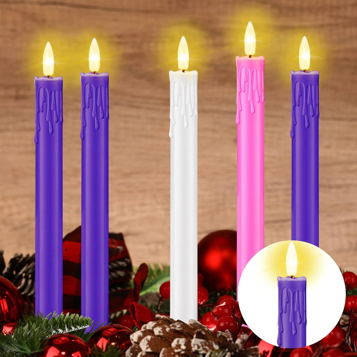 5 Piece Flameless Advent Candle Led Taper Candles For Christmas Advent Rituals Holidays, Church, Celebration, Home Decor(Drop Wax Style)