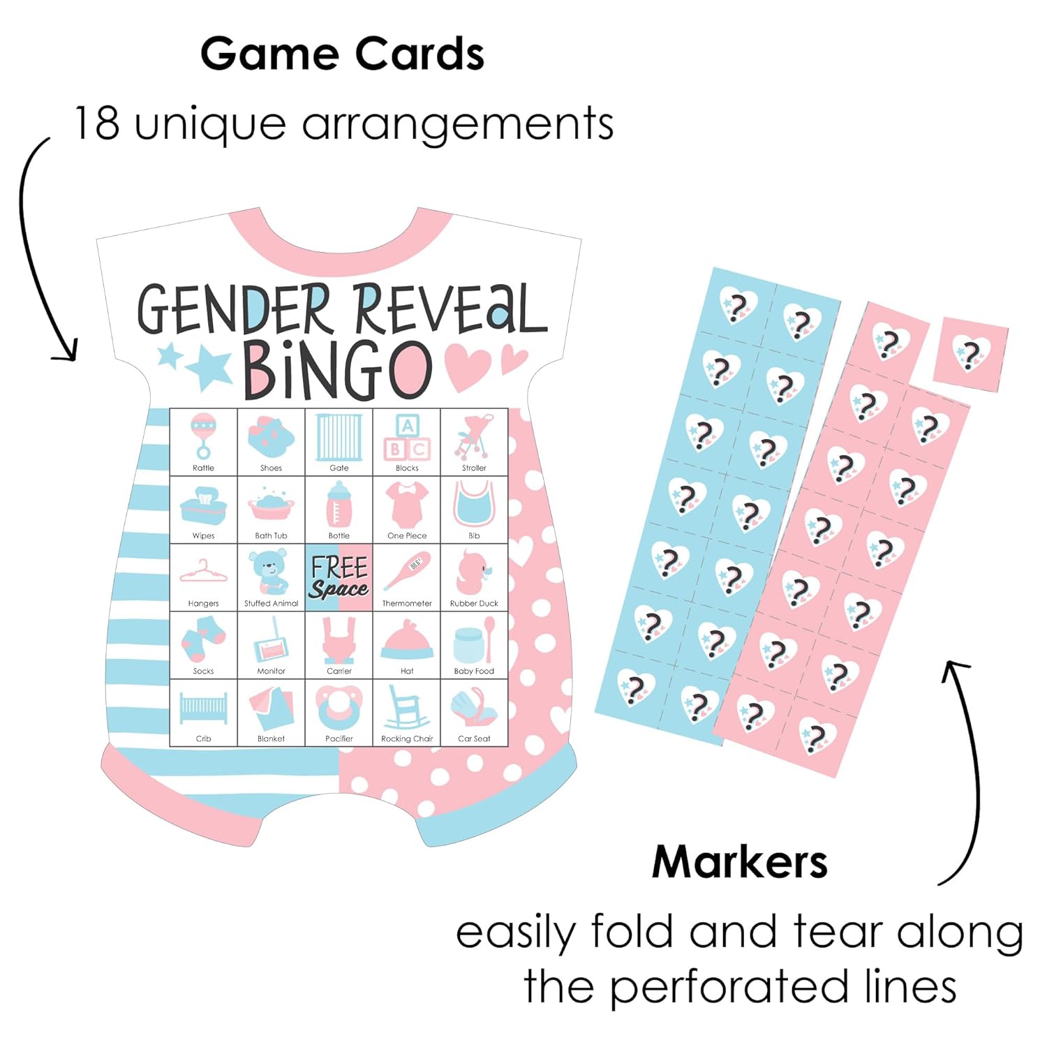 Big Dot of Happiness Gender Reveal Party Bingo Game - Baby Bodysuit-Shaped Picture Bingo Cards with Markers, Interactive Team Boy or Girl Baby Shower Activity