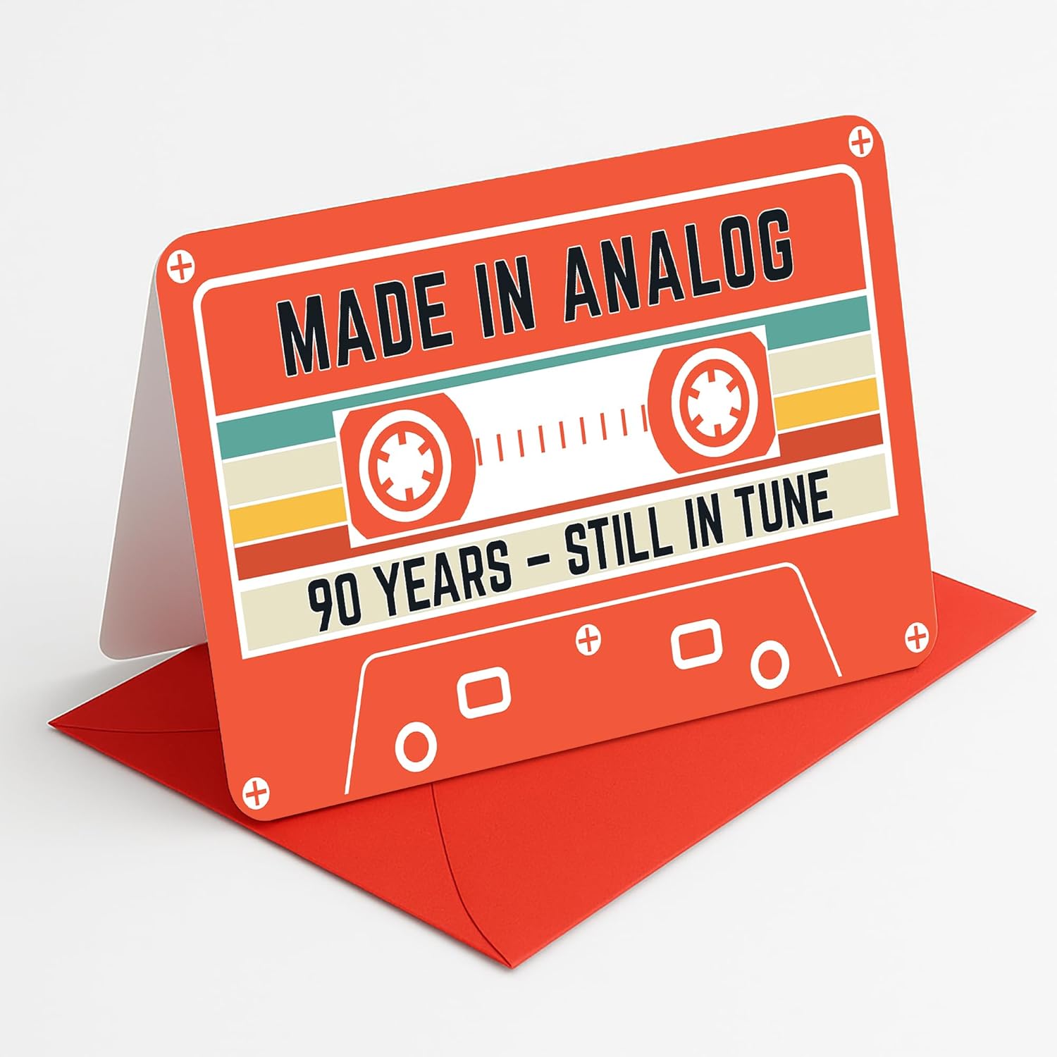 90Th Birthday Card – Retro Cassette Tape Design – Made In Analog, Still In Tune – 90 Year Old Gifts For Him Or Her – Folded Card 4.5X7Inch With Red Envelope, Sticker - Sweet Decorations For Him, Her