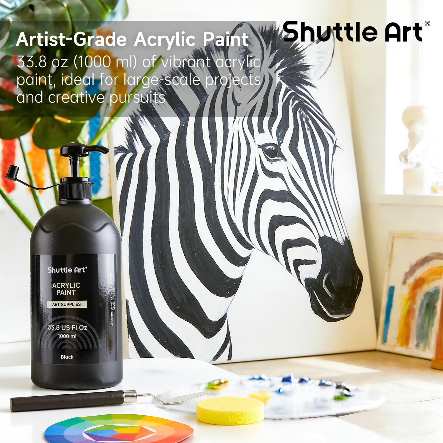Black Acrylic Paint, 33.8Oz/1000Ml Large Capacity Pump Bottle With Cover, High Coverage True Black, Fast Drying Non-Toxic Art Paint For Artists, Students, Kids & Diy Crafts