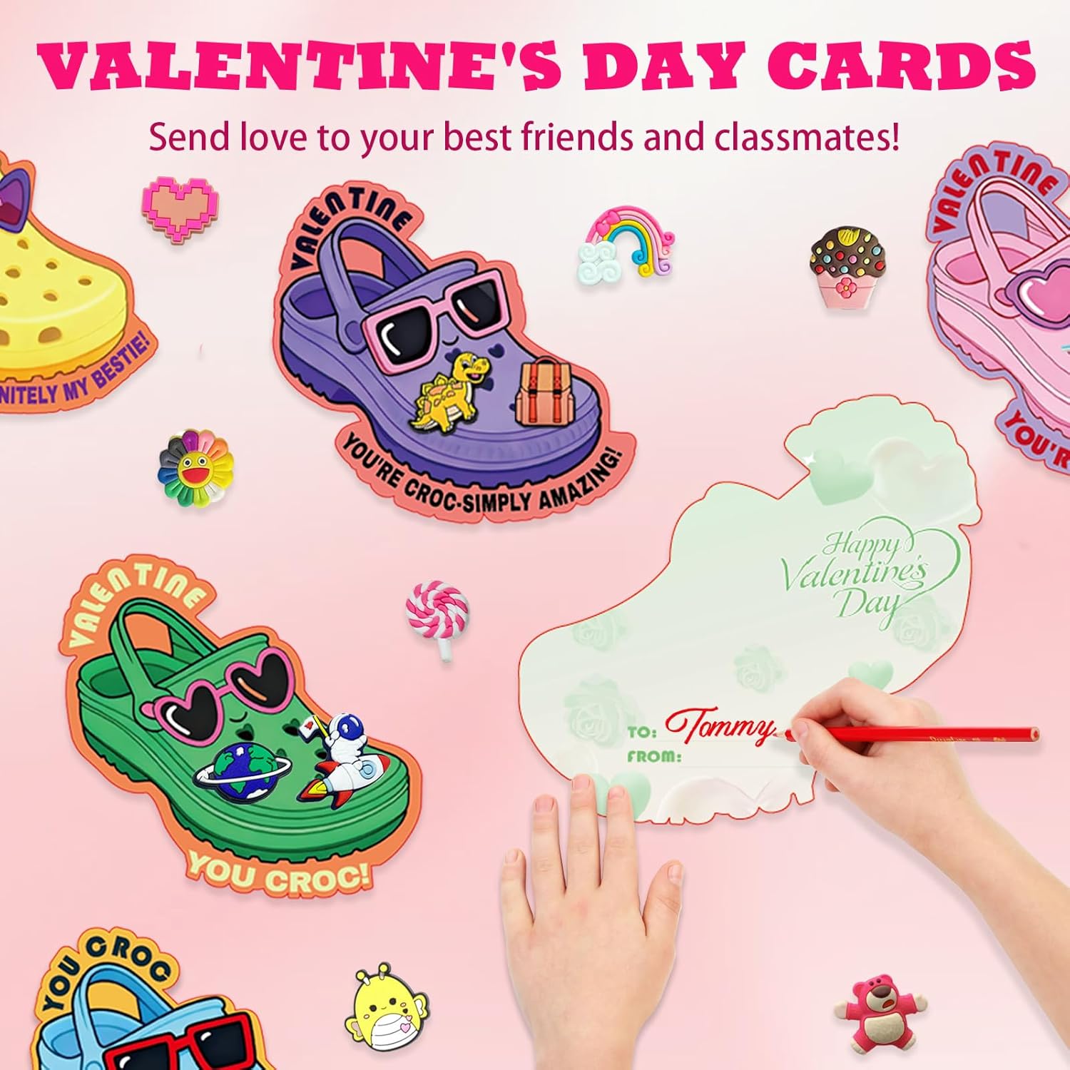 Valentines Day Cards For Kids School - Valentines Day Gifts For Kids 30Pcs Cards With 60 Shoe Charms Bulk For Boys Girls Exchange Gift Classroom Party Favors