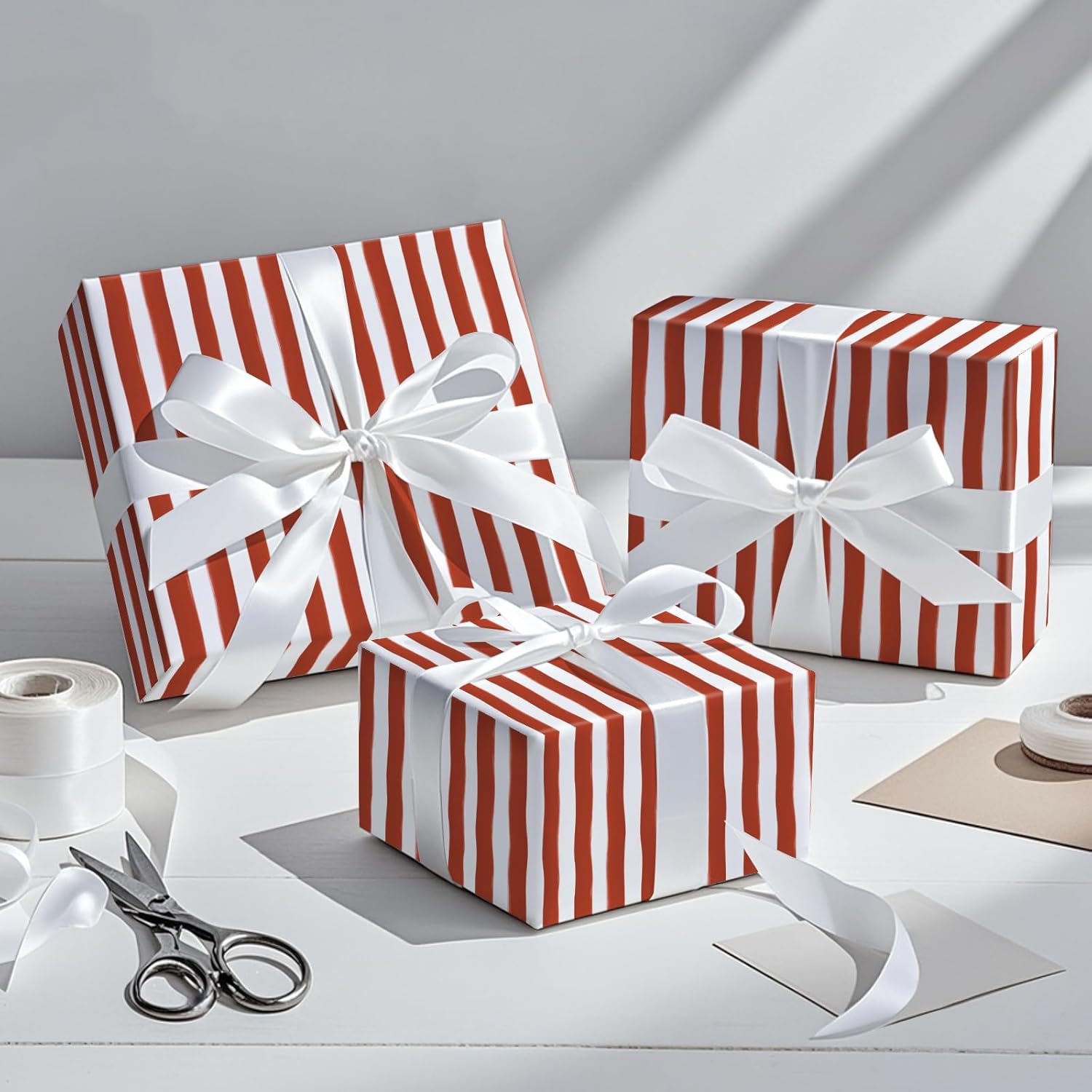 Red And White Striped Wrapping Paper Roll, Mini Roll, Watercolor Brushstroke Stripe Design Gift Wrap Paper For Christmas, Holiday, Birthday, Valentine'S Day, Anniversary, 17 Inches X 16.4 Feet