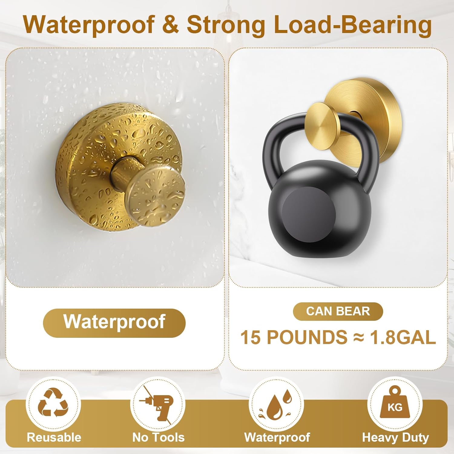 Suction Cup Hooks For Wreaths, Removable Towel Hooks For Bathrooms, Kitchen, Glass, Window & Tile, Wreath Hangers For Front Doors, Christmas Decorations, No Drill Required - 2 Pack, Gold