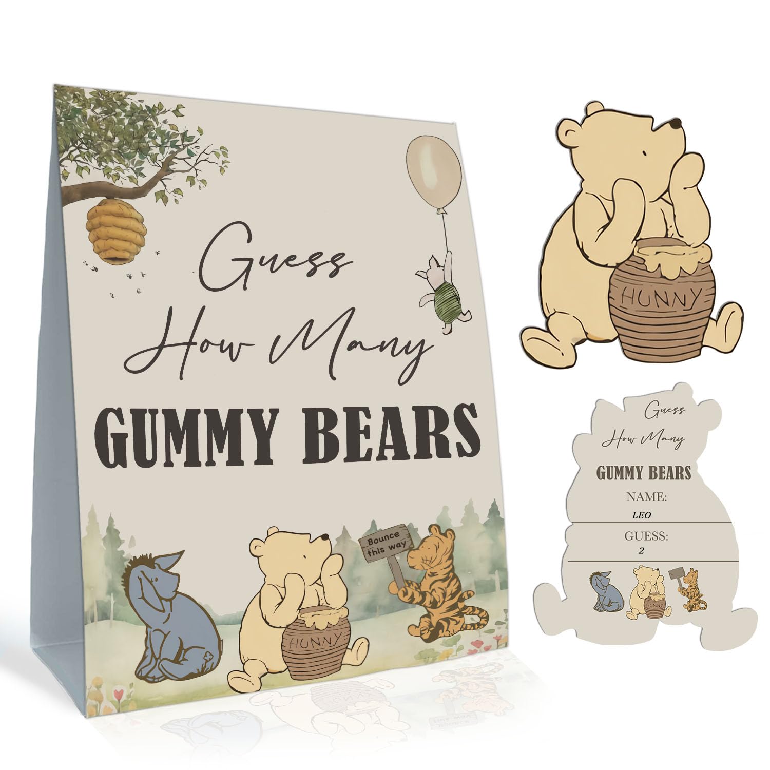 The Pooh Baby Shower Games Card, Included 1 Guess How Many Gummy Bears Sign And 30 Winnie Guessing Cards, Winnie Baby Shower Game For Boys Girls, Birthday Party Supplies 5 * 7In