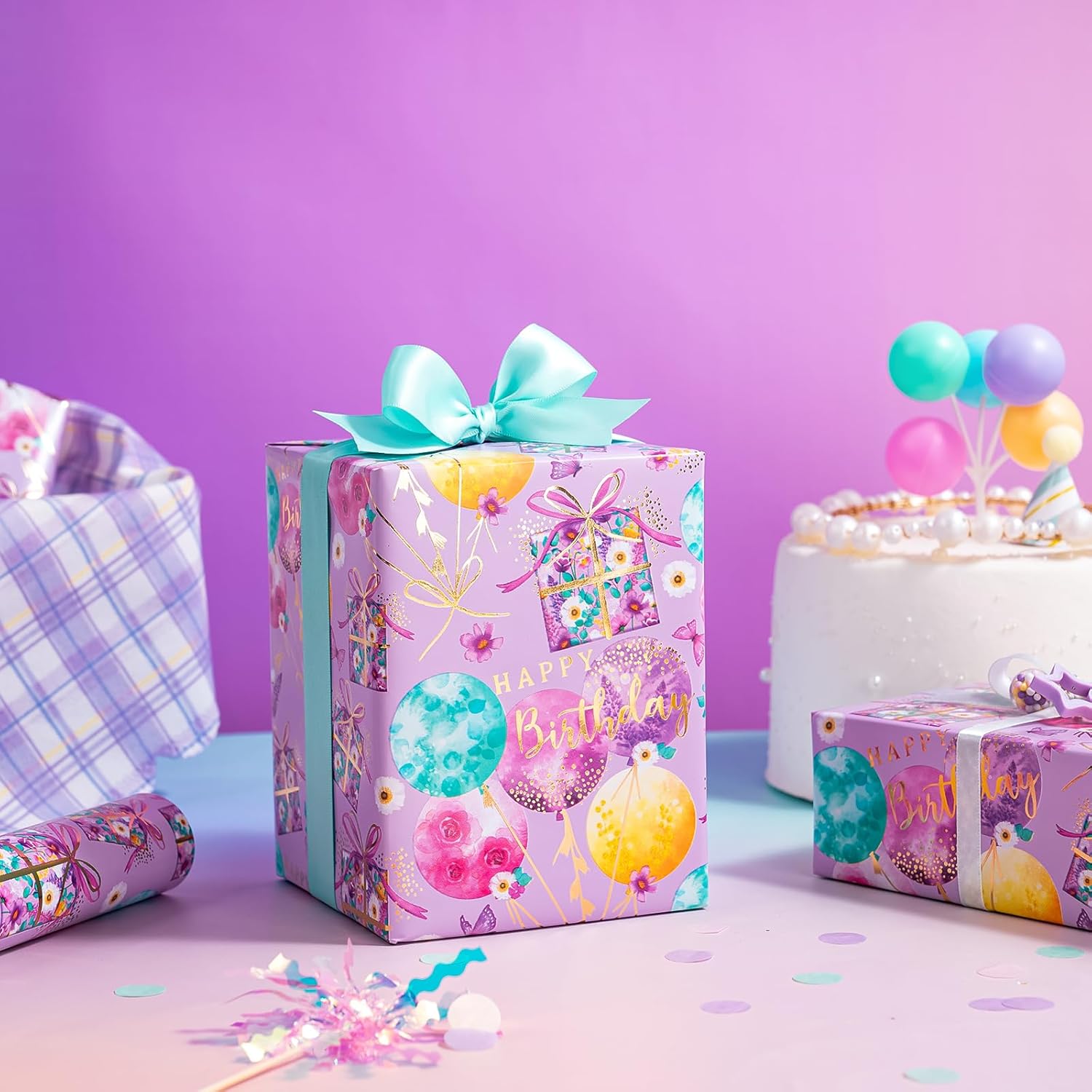 Purple Birthday Wrapping Paper - Mini Roll - 17 Inch X 16.5 Feet - Gold Foil Fantasy Purple Happy Birthday Paper For Kids, Girls, Women, Wedding, Bridal Shower