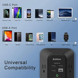 Surge Protector Outlet Extender 5 Outlets 4 USB Ports 1800J 3 Side Wall Plug Black