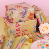 Happy Birthday Gift Wrapping Paper - 3 Mini Rolls 17" X 120" - Brown Kraft Wrap Paper Roll For Kids, Boys And Girls