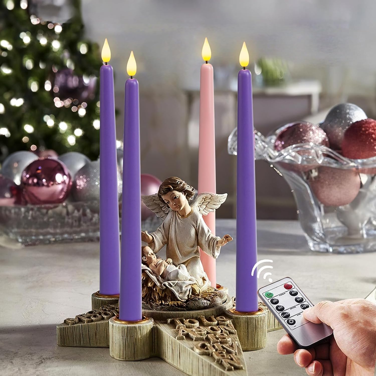 Battery-Operated Led Flickering Advent Candles, Set Of 4 With Remote Timer - For Christmas Wreath