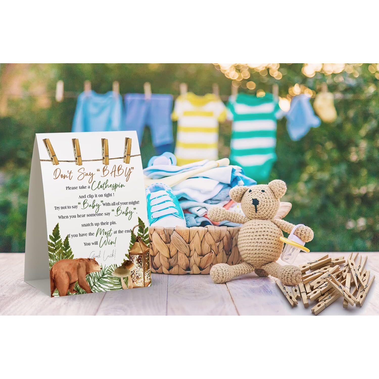 Don'T Say Baby Sign, Baby Shower Clothespin Game, Includes A 5X7 Standing Sign And 50 Mini Natural Clothespins - 040