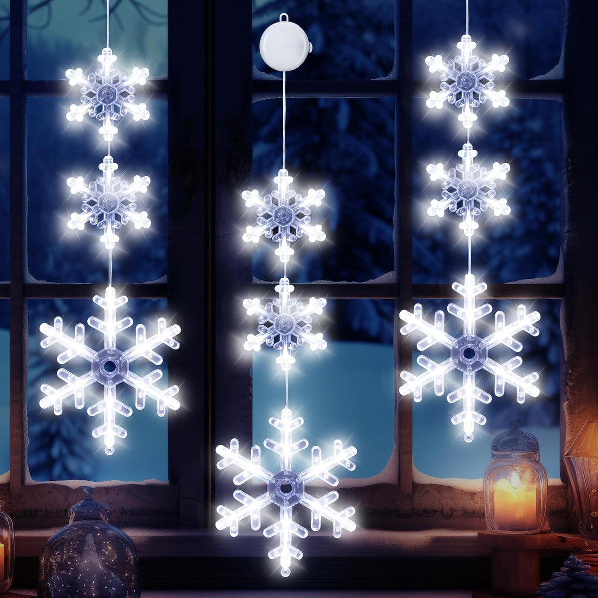 Christmas Window Decorations, 3 Pcs Snowflake Christmas Window Lights With Suction Cup Battery Operated Hanging White Li