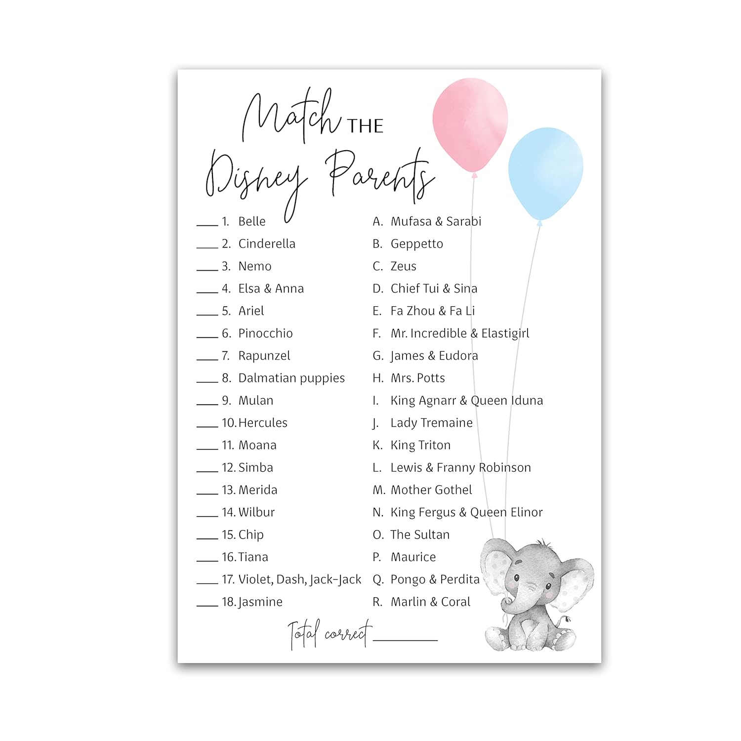 Gender Reveal Party Game — Cartoon Parent Match Game — Pack Of 25 — Elephant Pink Or Blue Baby Shower Game, Match Famous Cartoon Parents Co-Ed Fun Shower Activity, Star Kids Match Game G510-Dpm