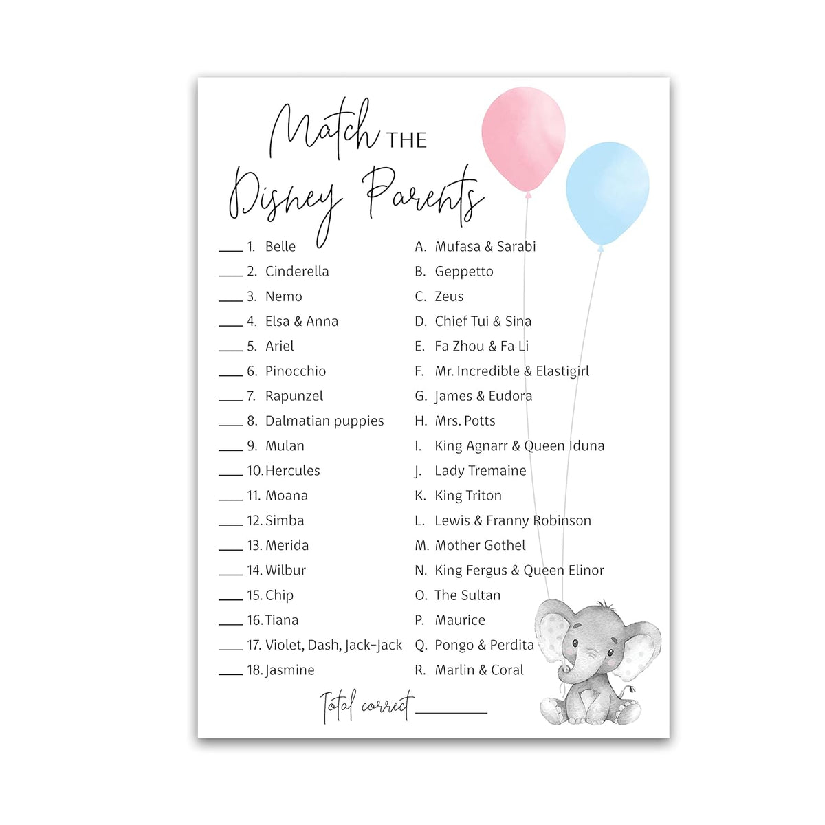 Gender Reveal Party Game — Cartoon Parent Match Game — Pack Of 25 — Elephant Pink Or Blue Baby Shower Game, Match Famous Cartoon Parents Co-Ed Fun Shower Activity, Star Kids Match Game G510-Dpm