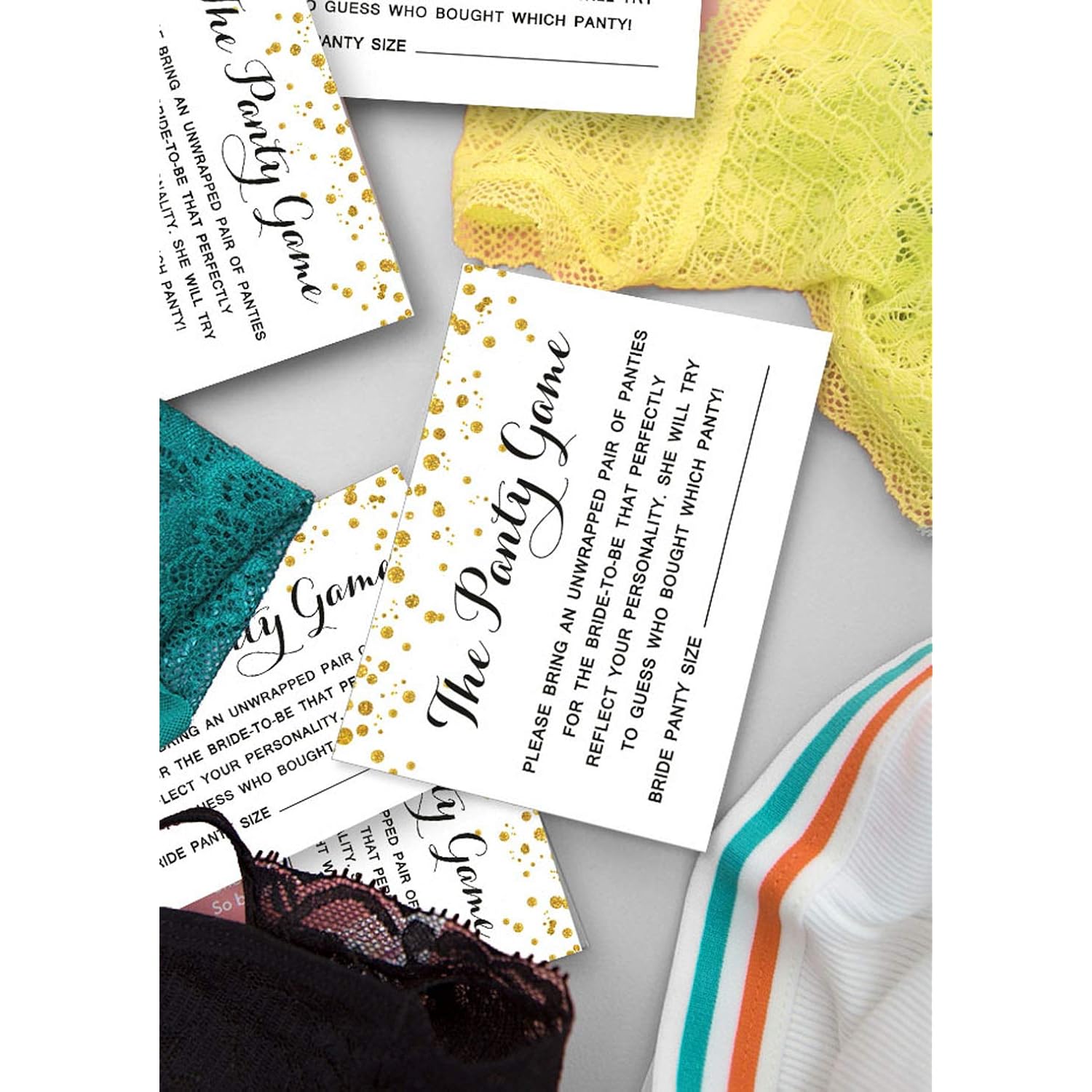 Bridal Shower Game 1 Sign + 30 Size Card White Gold Confetti Girls Night Out Bachelorette Party Drop Your Panties Game