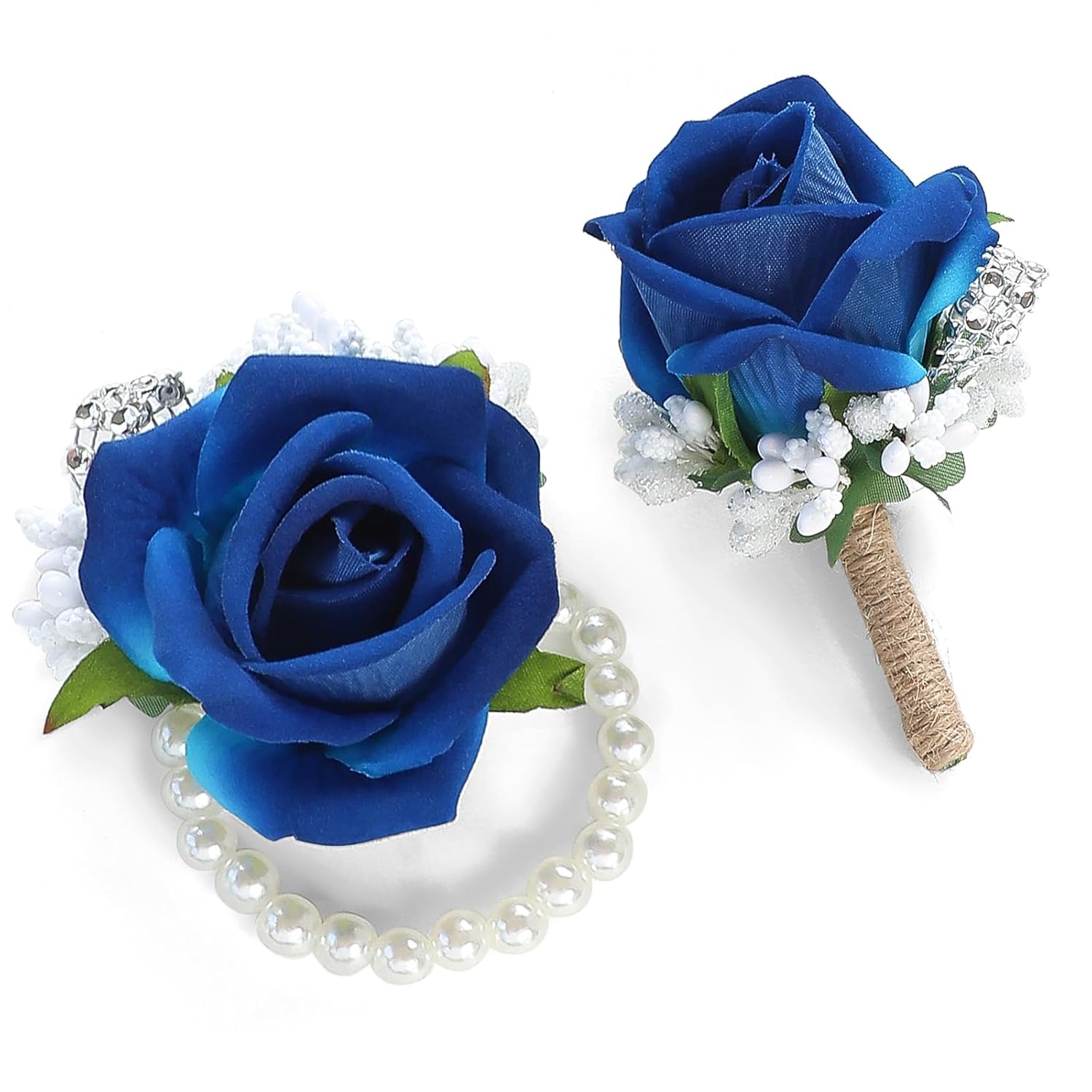 Royal Blue Rose Wrist Corsage Wristlet Band Bracelet And Men Boutonniere Set For Wedding Flower Accessories Prom Suit Decorations