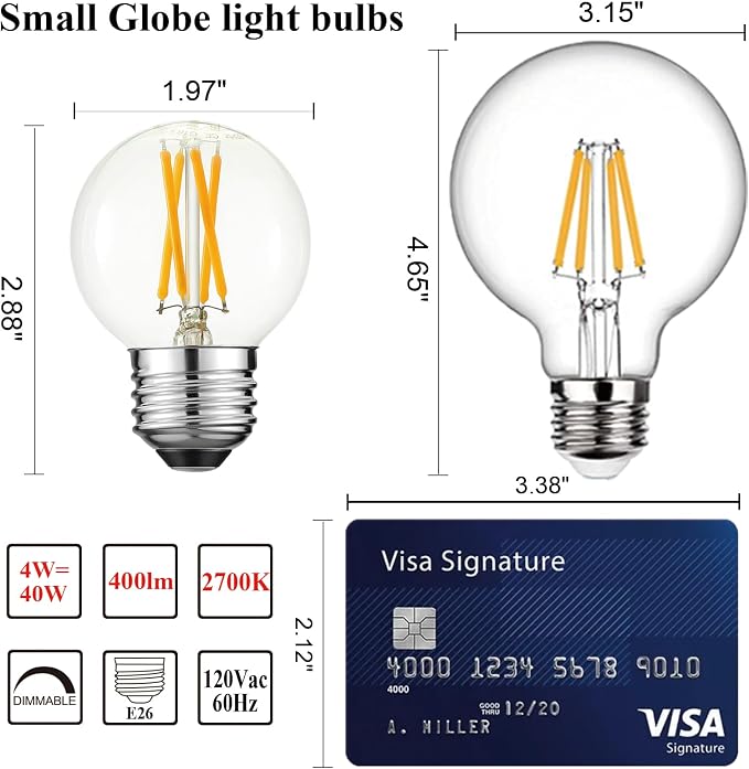 G16.5 E26 LED Light Bulbs 4W Dimmable Warm White 2700K Clear Glass Decorative Bulbs